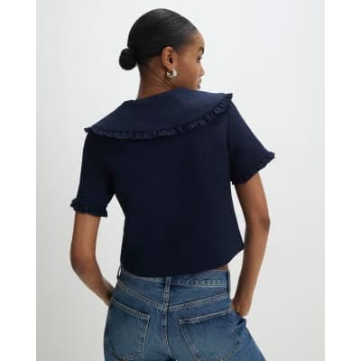 Navy Oversized Collar Boucle Top