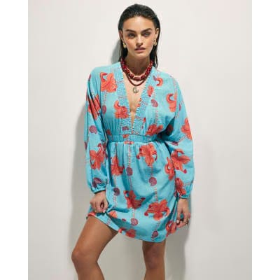 Blue Palm Print Long Sleeve Mini Beach Dress