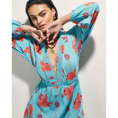 Blue Palm Print Long Sleeve Mini Beach Dress