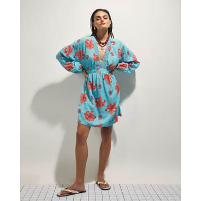 Blue Palm Print Long Sleeve Mini Beach Dress