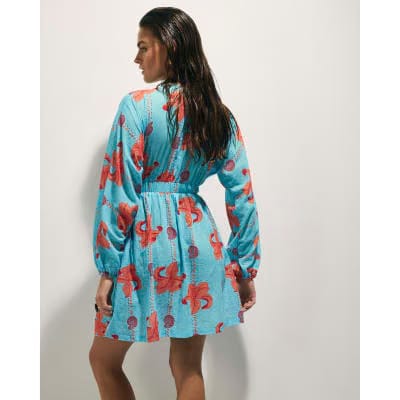Blue Palm Print Long Sleeve Mini Beach Dress