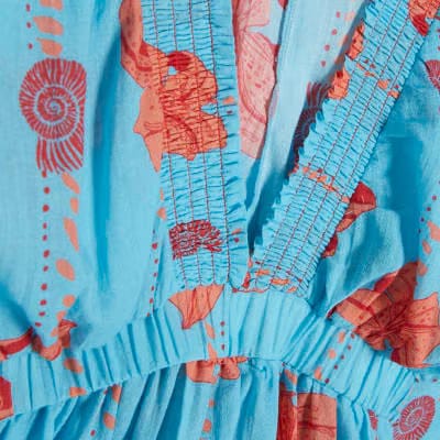 Blue Palm Print Long Sleeve Mini Beach Dress