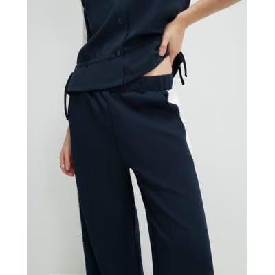Navy Colour Blocked Wide Leg Trousers