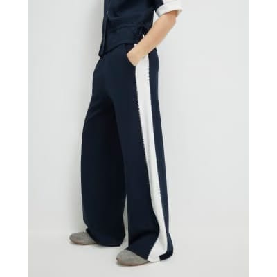 Navy Colour Blocked Wide Leg Trousers