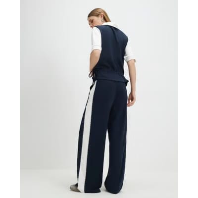 Navy Colour Blocked Wide Leg Trousers