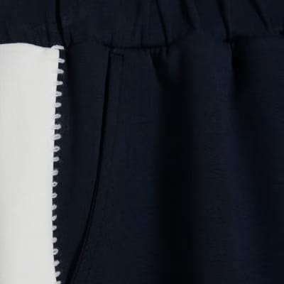 Navy Colour Blocked Wide Leg Trousers