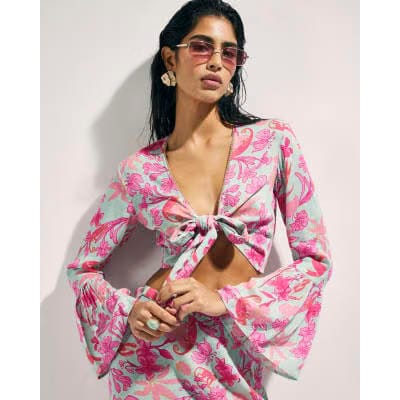 Green Floral Tie Front Beach Top
