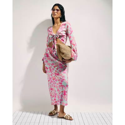 Green Floral Tie Front Beach Top