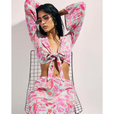 Green Floral Tie Front Beach Top