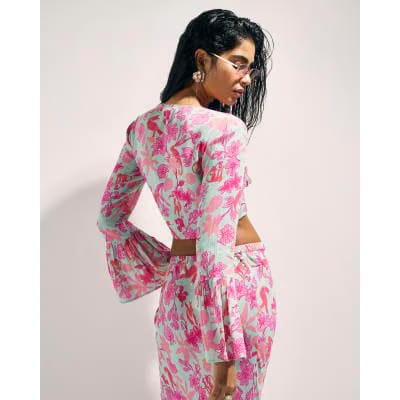 Green Floral Tie Front Beach Top
