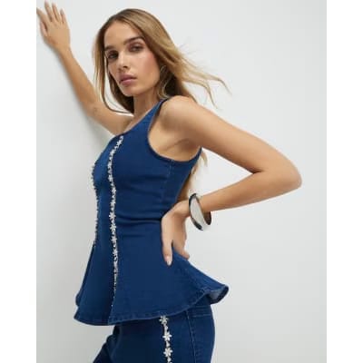 Blue Denim Diamante Sleeveless Peplum Top