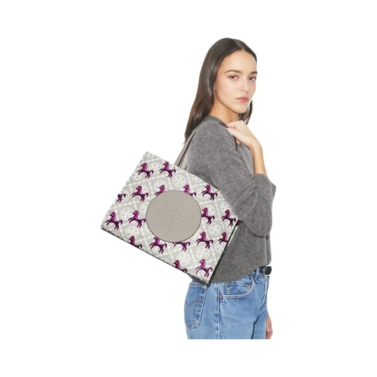 Tory Burch Ella Horse Nylon Small Tote Gray / Magenta