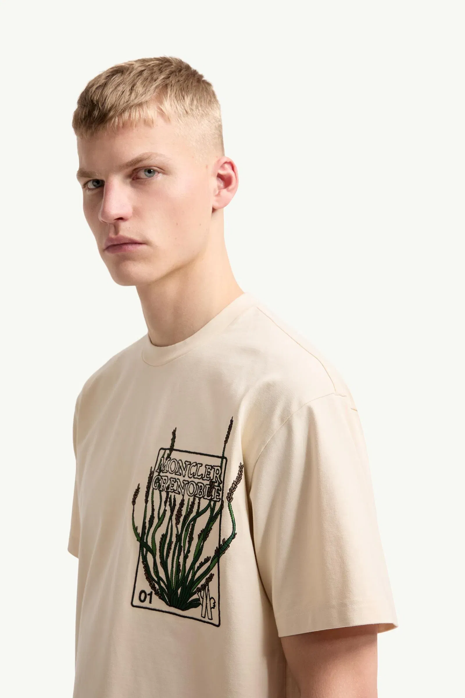 Moncler Embroidered Botanical Motif Cotton T-Shirt White Ivory White Ivory