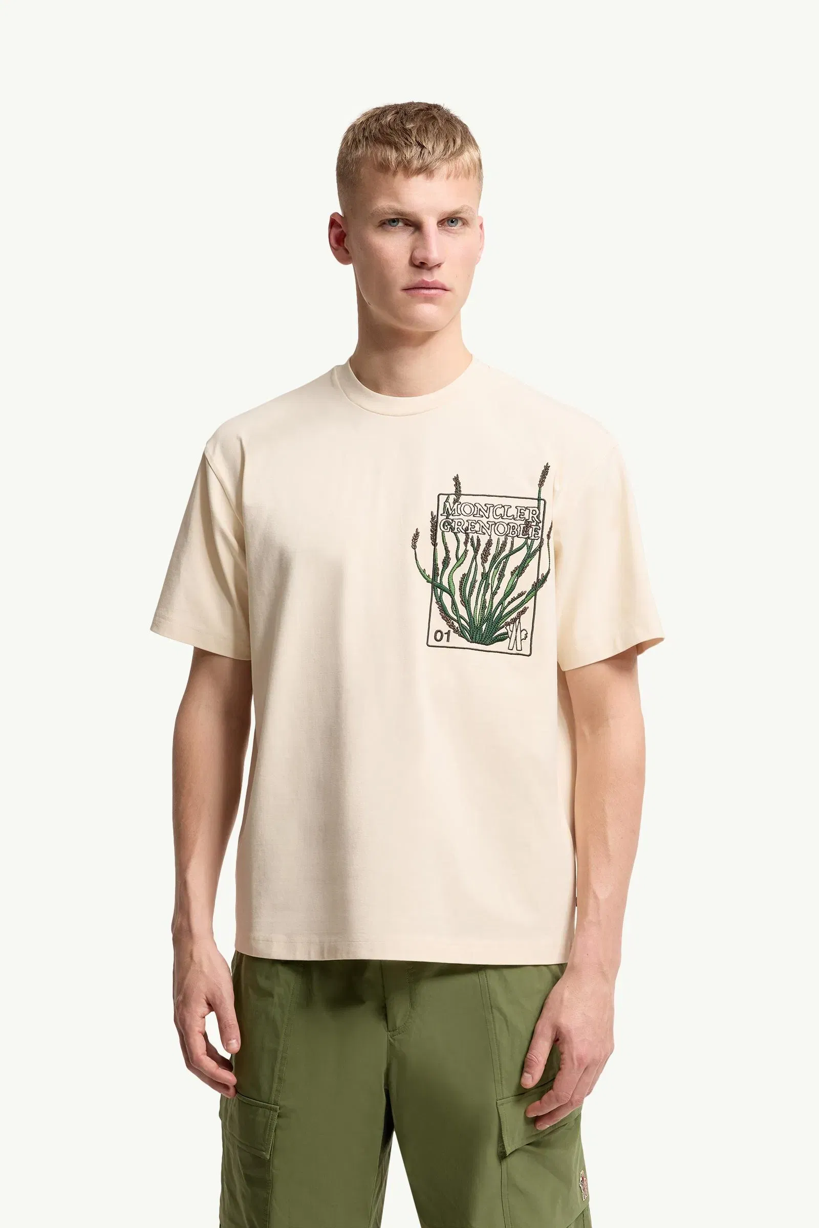 Moncler Embroidered Botanical Motif Cotton T-Shirt White Ivory White Ivory