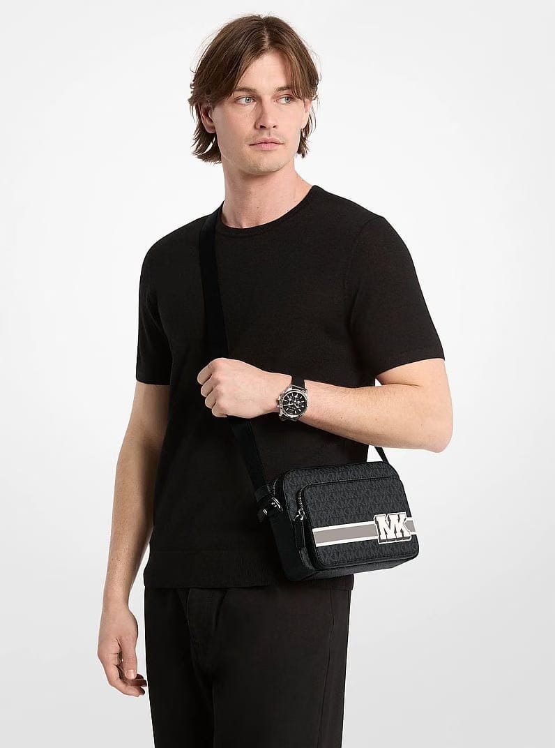 Michael Kors Cooper Embellished Signature Logo Flight Bag Black Combo