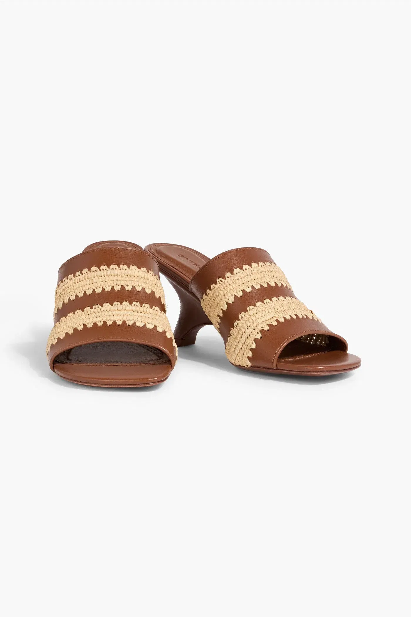 Simkhai Shadow Leather And Raffia Wedge Mules Light Brown Women's