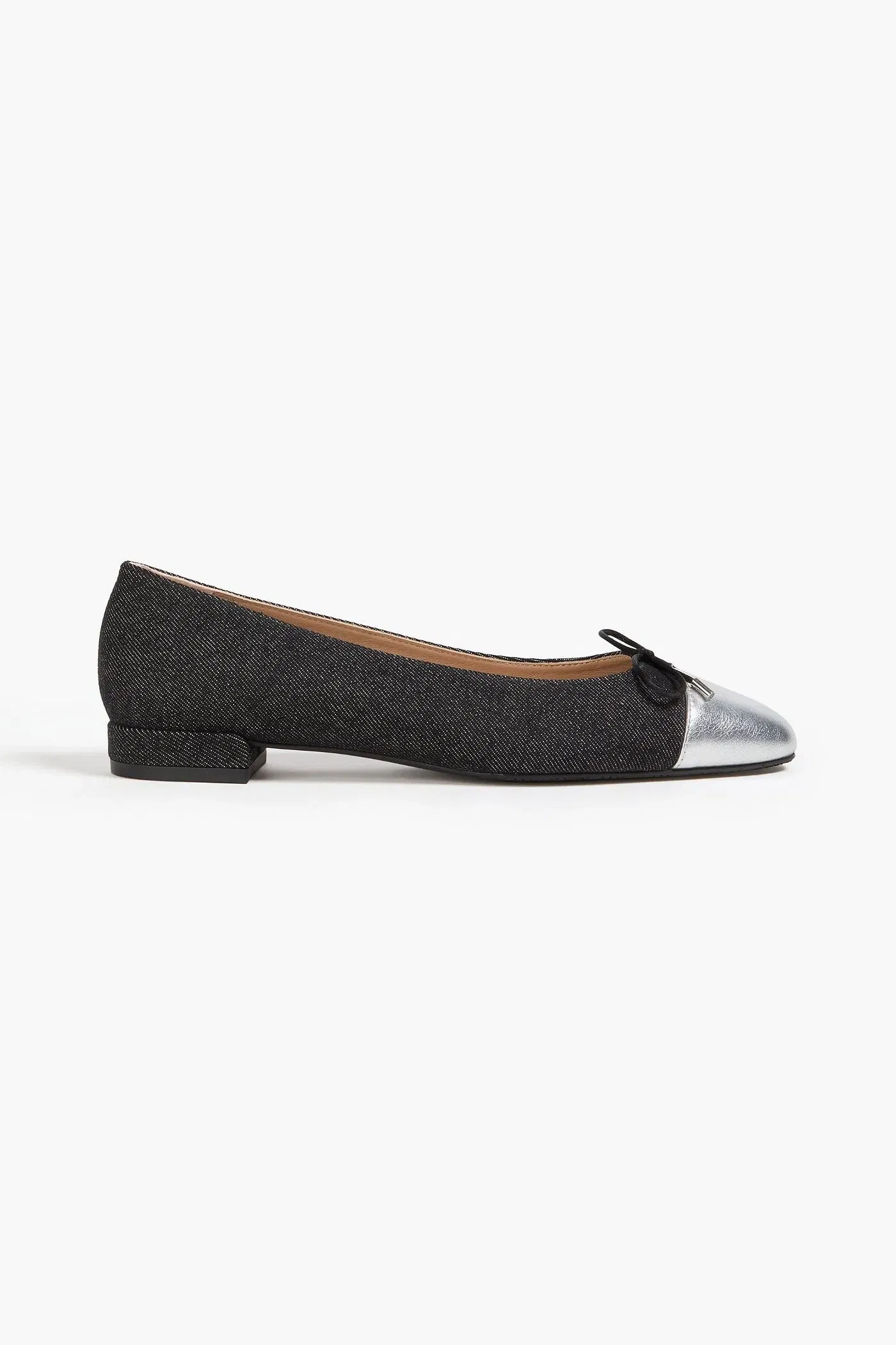 Stuart Weitzman Sleek Metallic Leather-Trimmed Denim Ballet Flats Black Women's