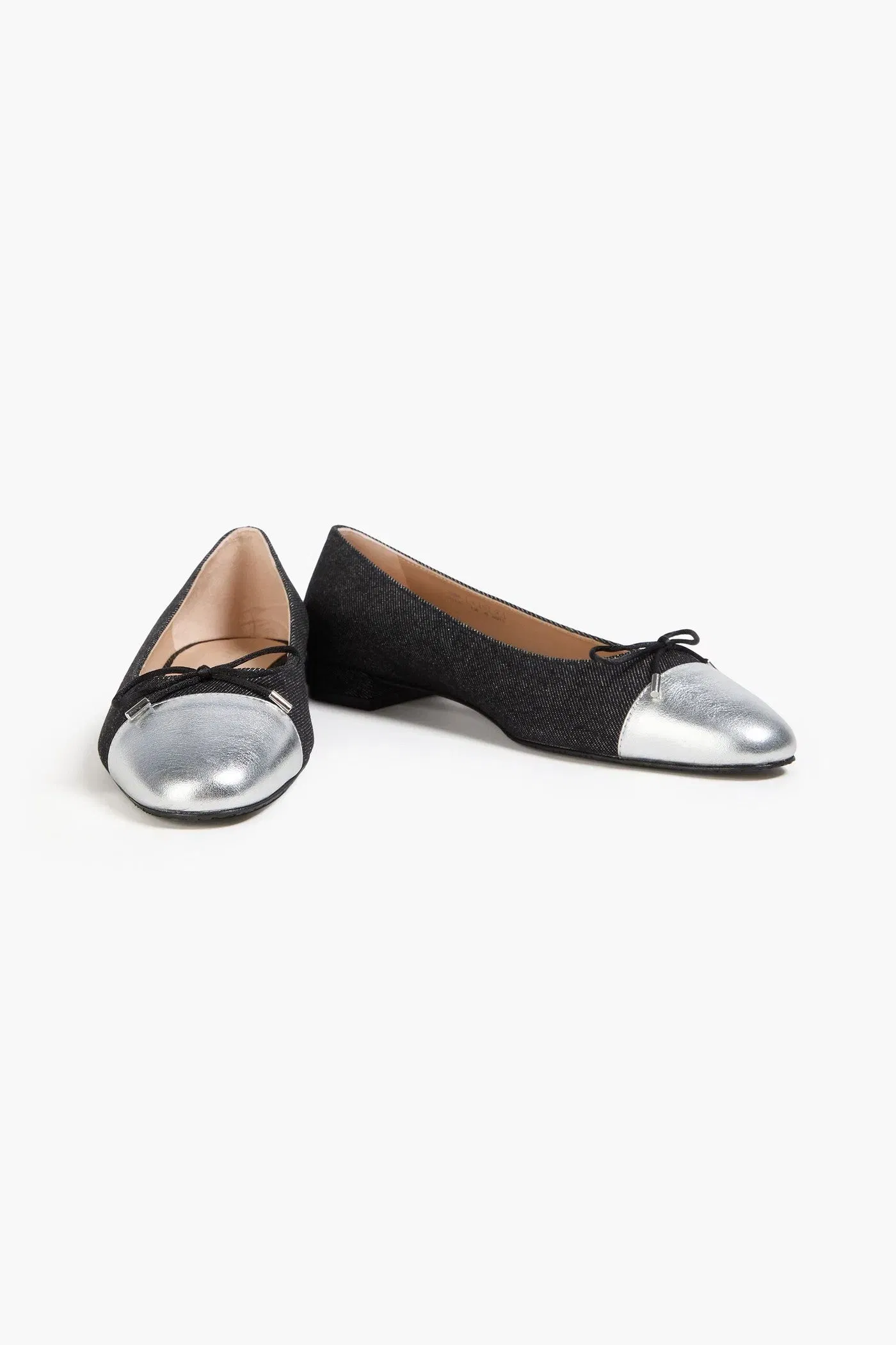 Stuart Weitzman Sleek Metallic Leather-Trimmed Denim Ballet Flats Black Women's