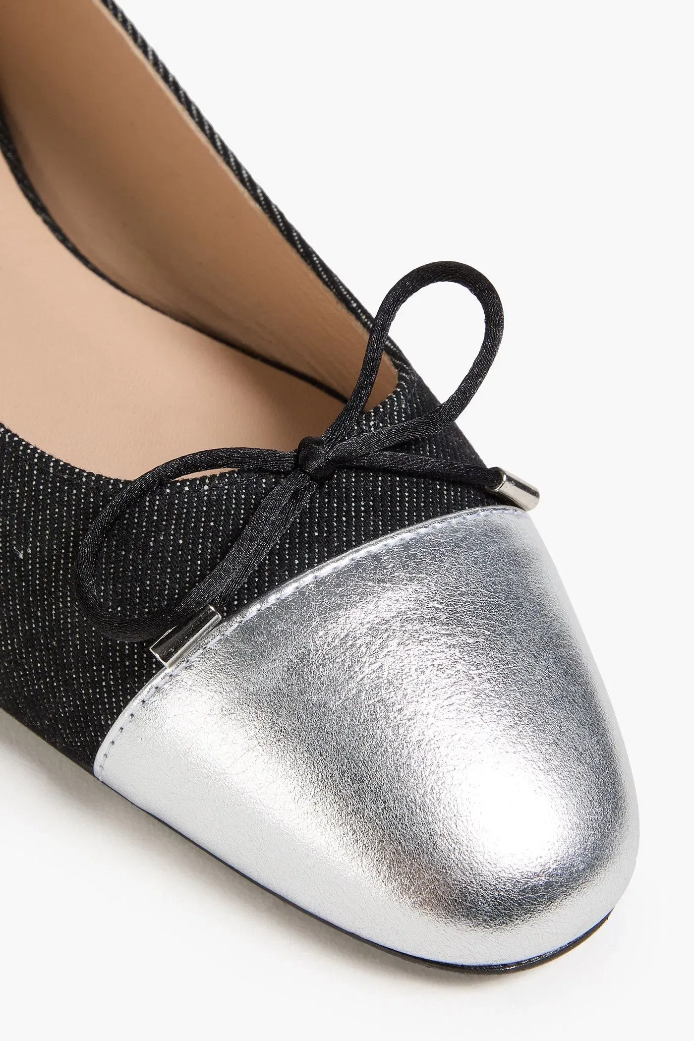 Stuart Weitzman Sleek Metallic Leather-Trimmed Denim Ballet Flats Black Women's