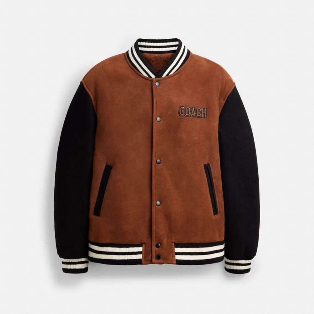Coach Shearling Varsity Jacket Brown