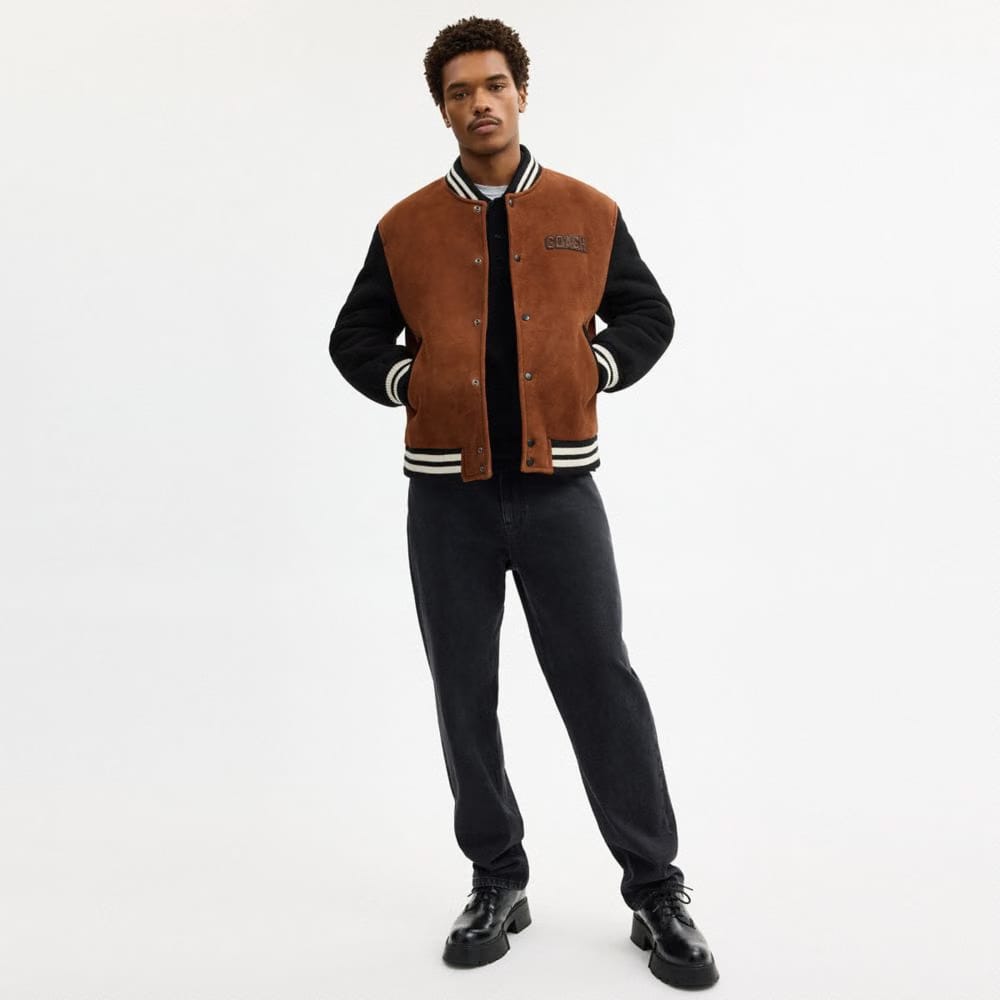Coach Shearling Varsity Jacket Brown