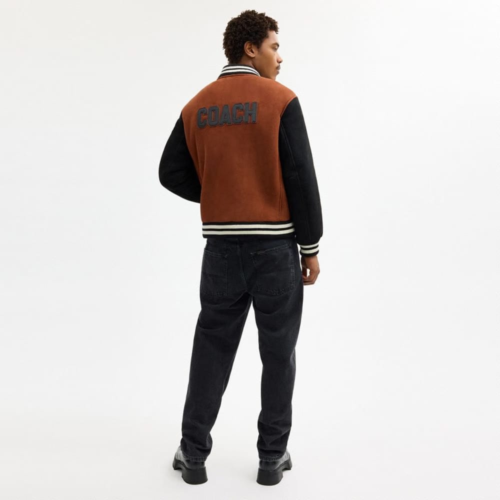 Coach Shearling Varsity Jacket Brown