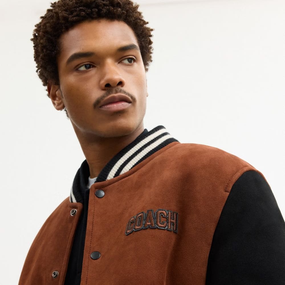 Coach Shearling Varsity Jacket Brown