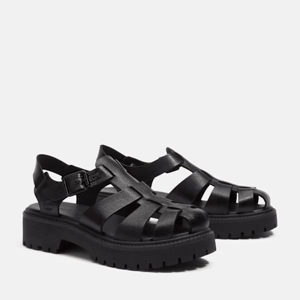 Timberland Stone Street Fisherman Platform Sandal Black Full-Grain Women'S