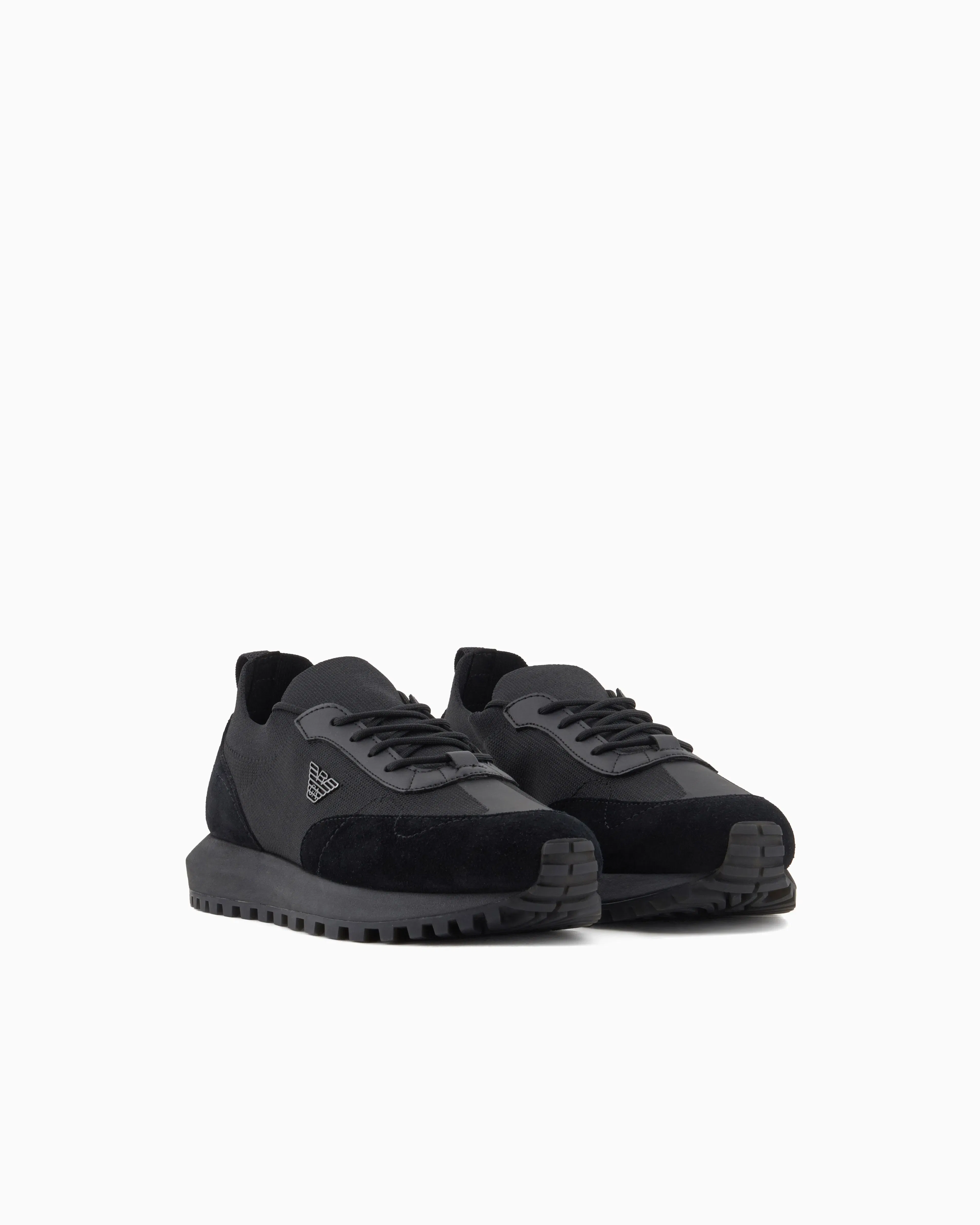 Emporio Armani Low-Top Sneakers In Suede And Mesh With A Rubber Sole Black
