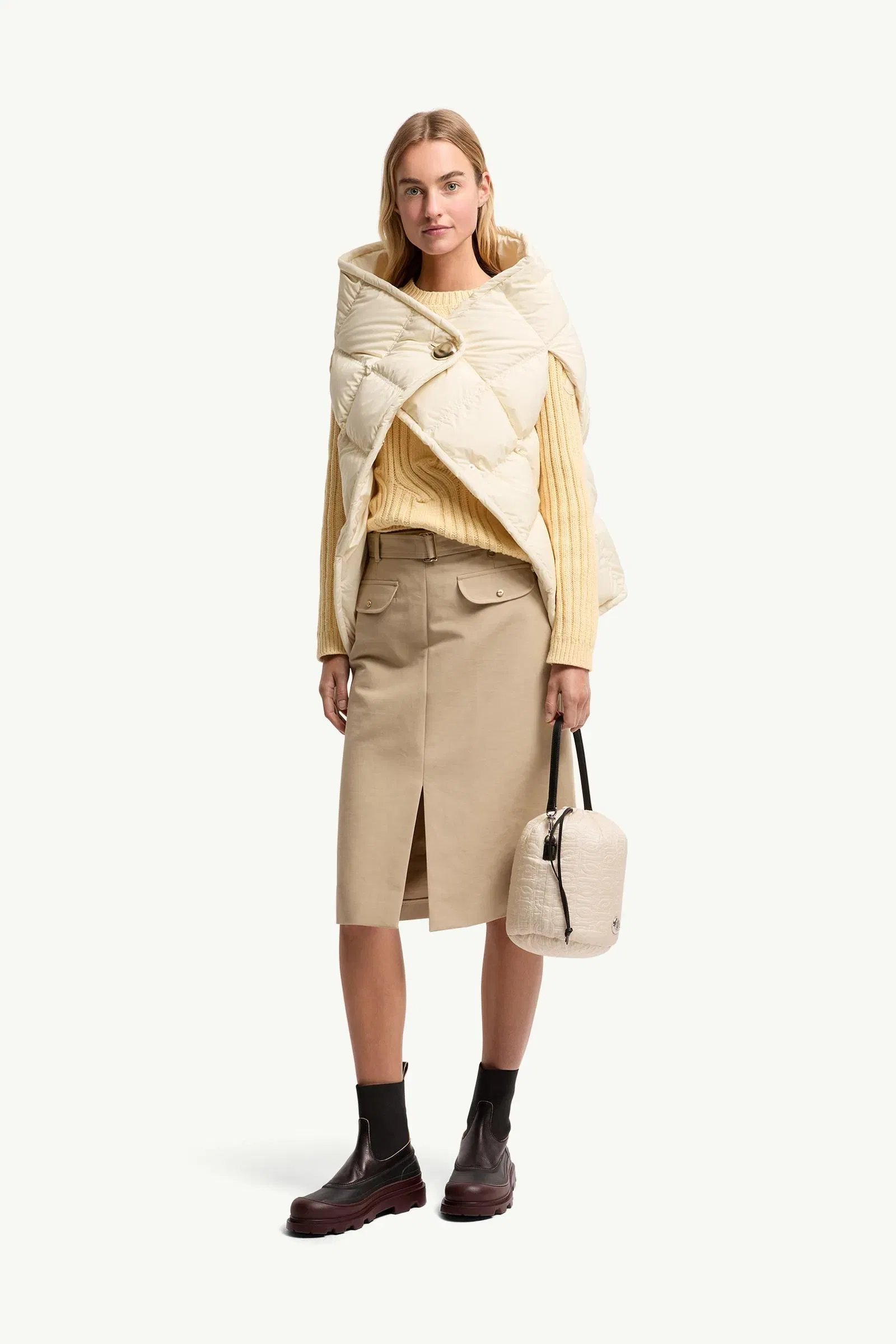 Moncler Belted Knee-Length Cotton Skirt Beige Beige