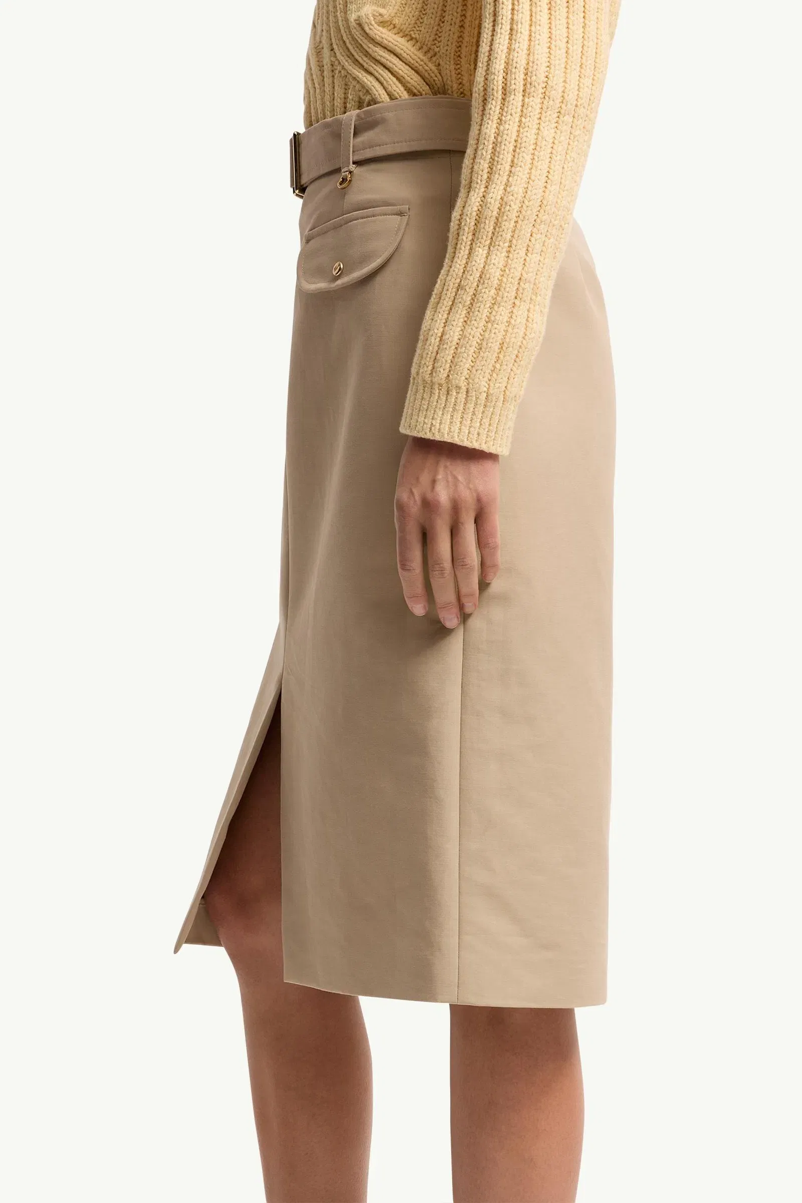 Moncler Belted Knee-Length Cotton Skirt Beige Beige