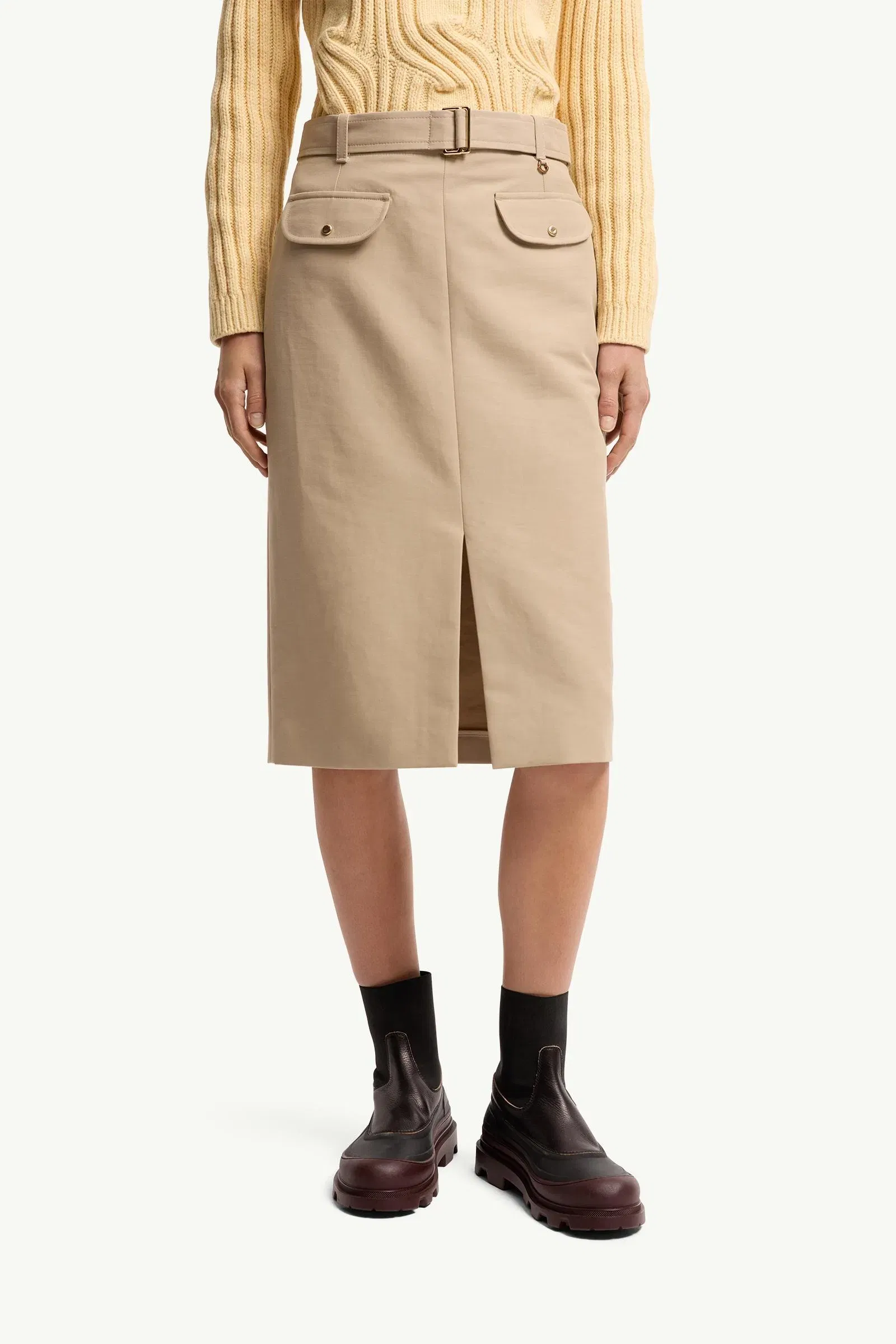 Moncler Belted Knee-Length Cotton Skirt Beige Beige