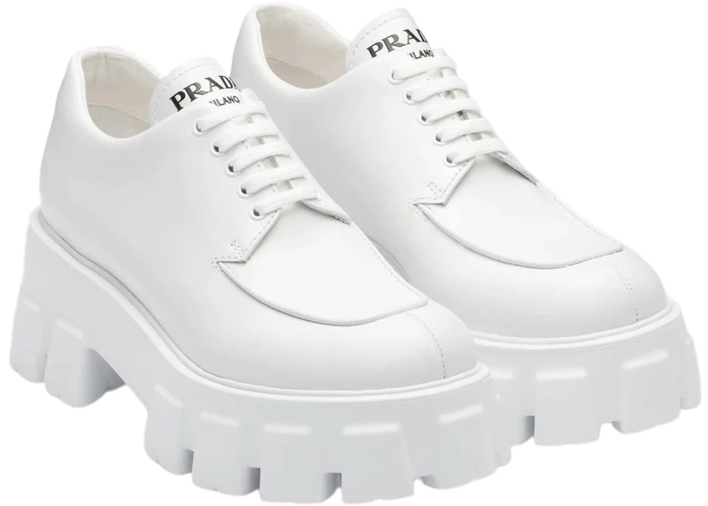 Prada Monolith 55Mm Lace Up Loafer White Brushed Leather