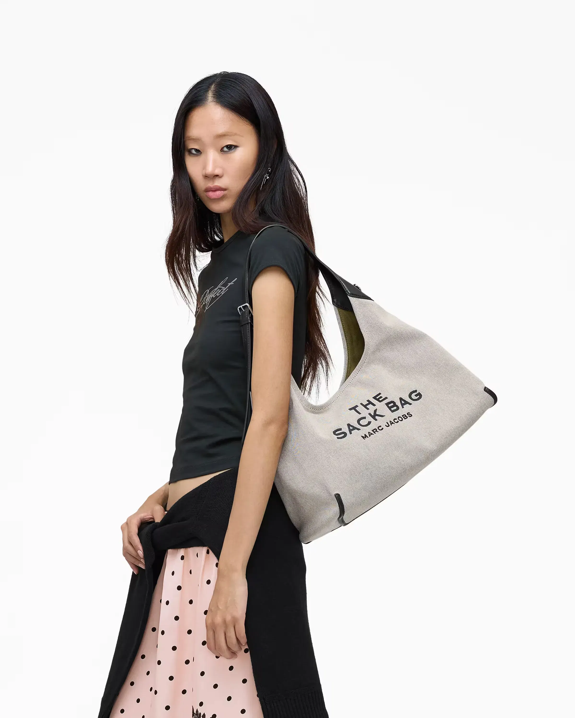 Marc Jacobs The Leather-Trim Canvas Belted Sack Bag Ivory/Black
