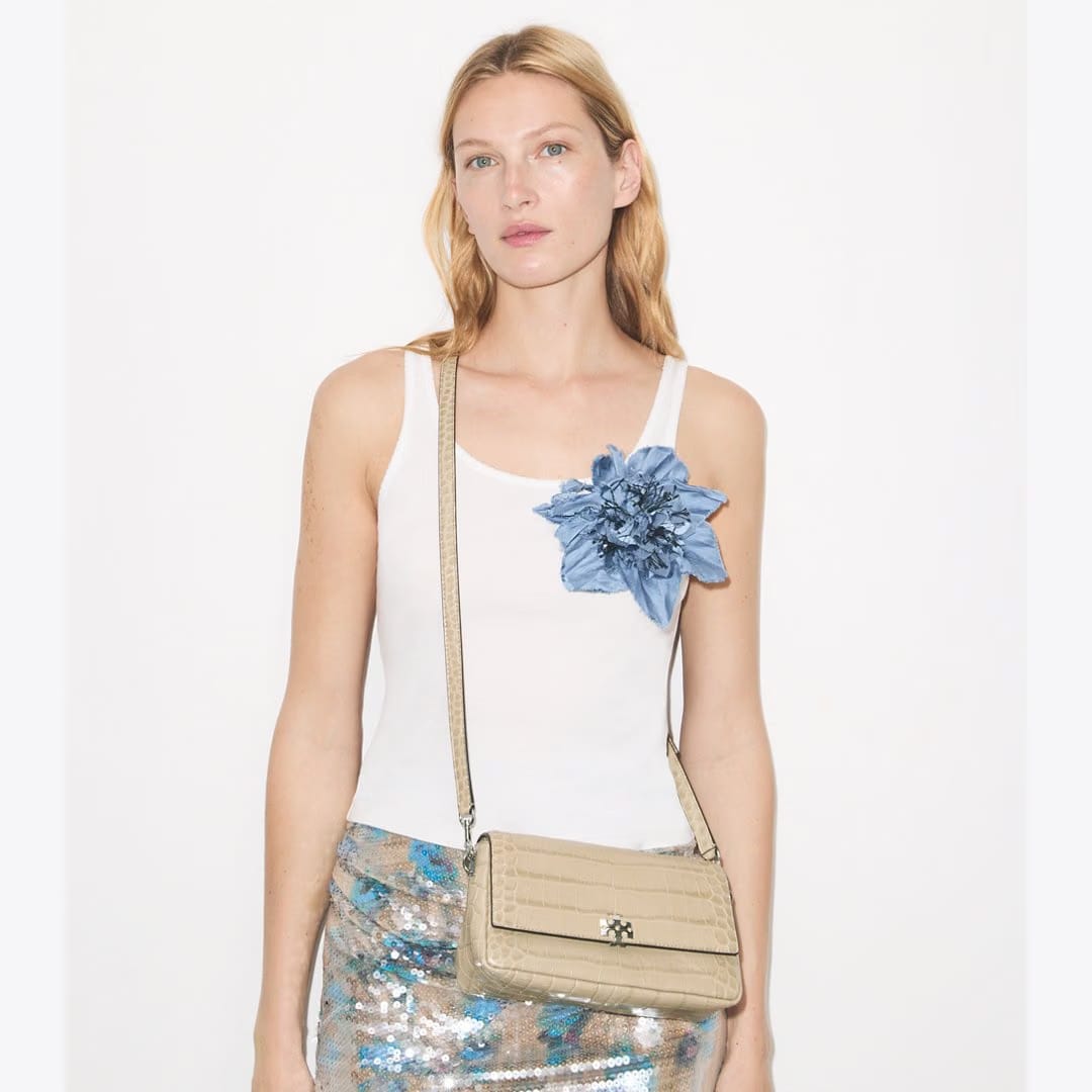 Tory Burch Small Charlie Croc-Embossed Shoulder Bag Light Hickory