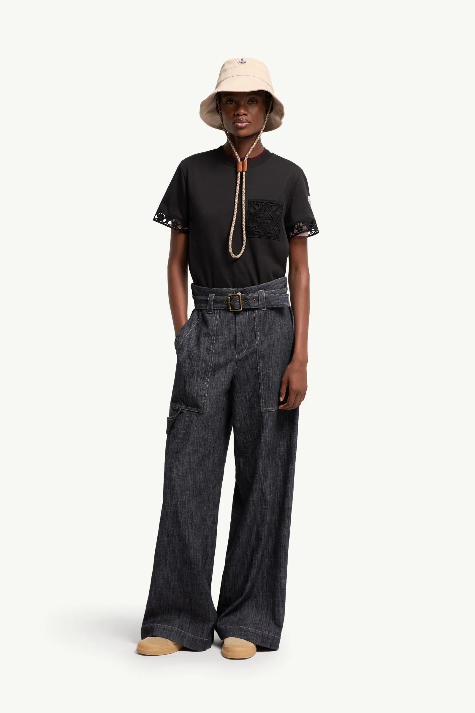 Moncler Macramé-Trimmed Cotton T-Shirt Black Black