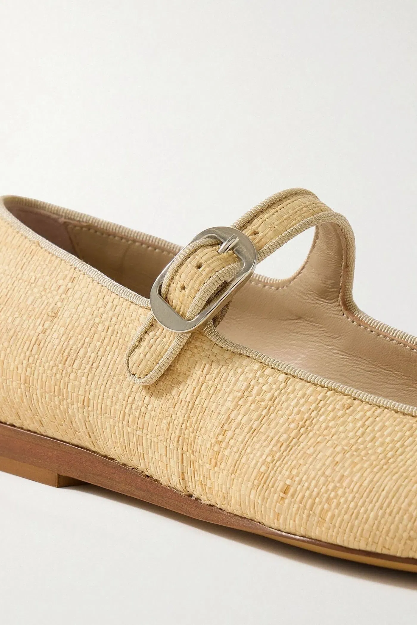 Le Monde Beryl Grosgrain-Trimmed Raffia Mary Jane Ballet Flats Sand Women's