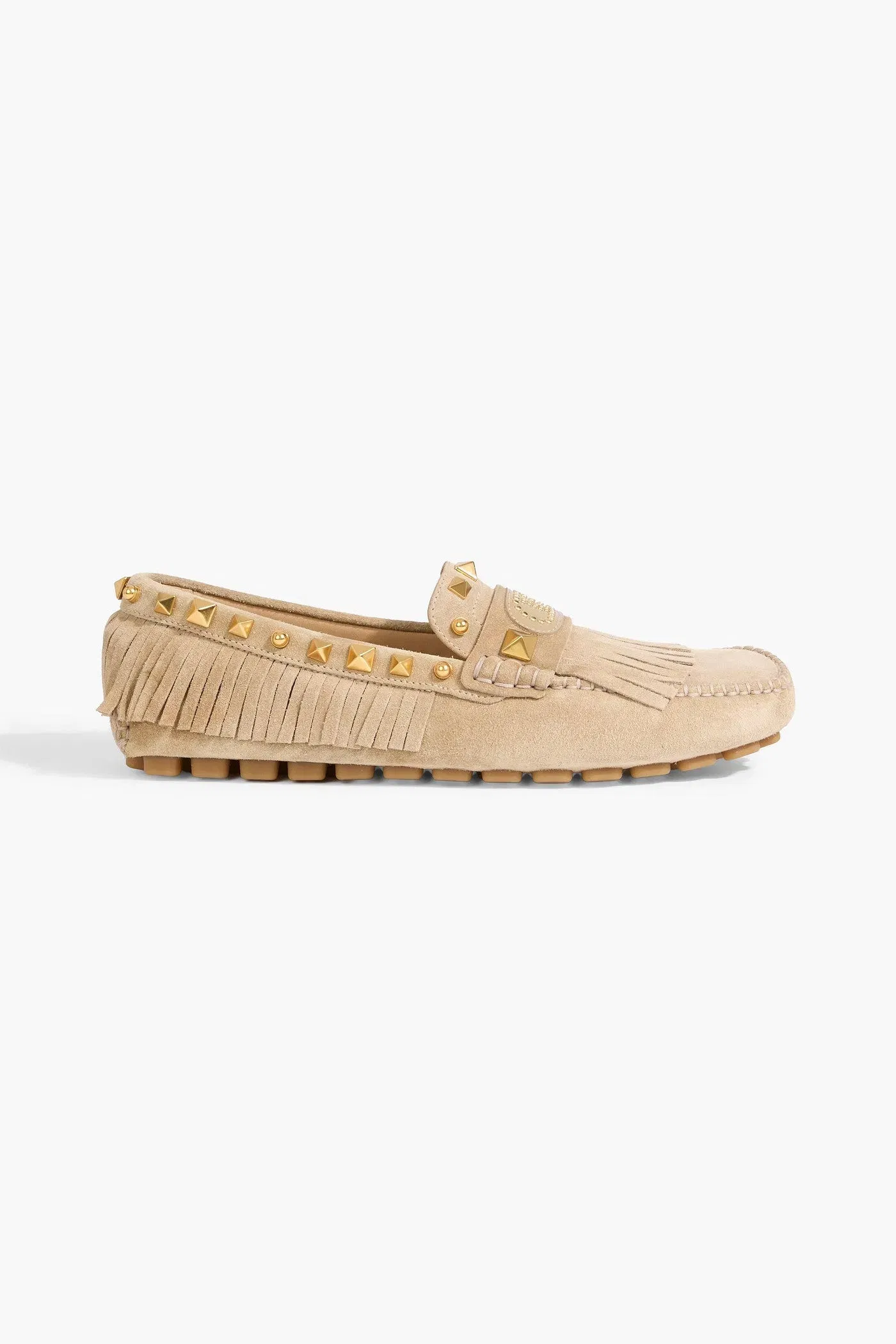 Valentino Garavani Plaster Caster Fringed Studded Suede Loafers Beige Women's