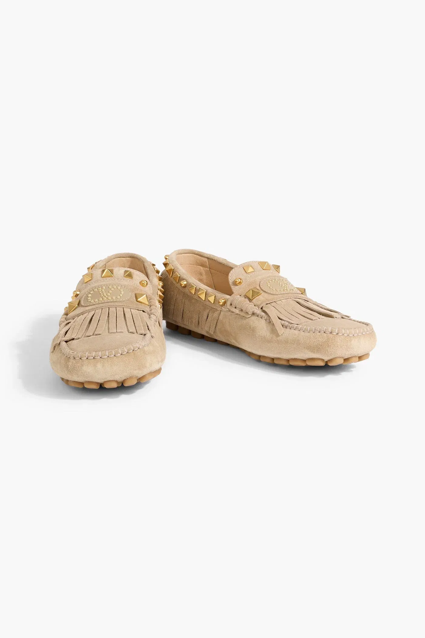 Valentino Garavani Plaster Caster Fringed Studded Suede Loafers Beige Women's
