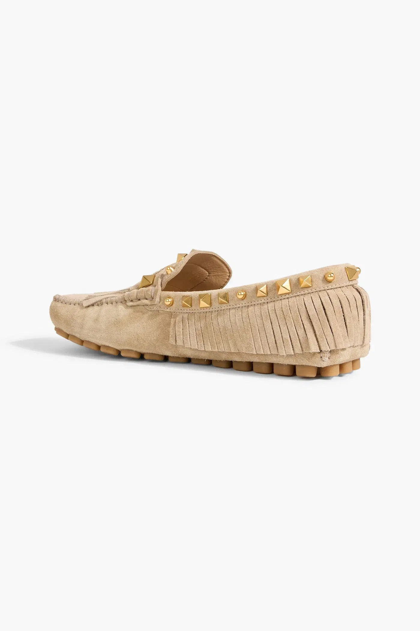 Valentino Garavani Plaster Caster Fringed Studded Suede Loafers Beige Women's