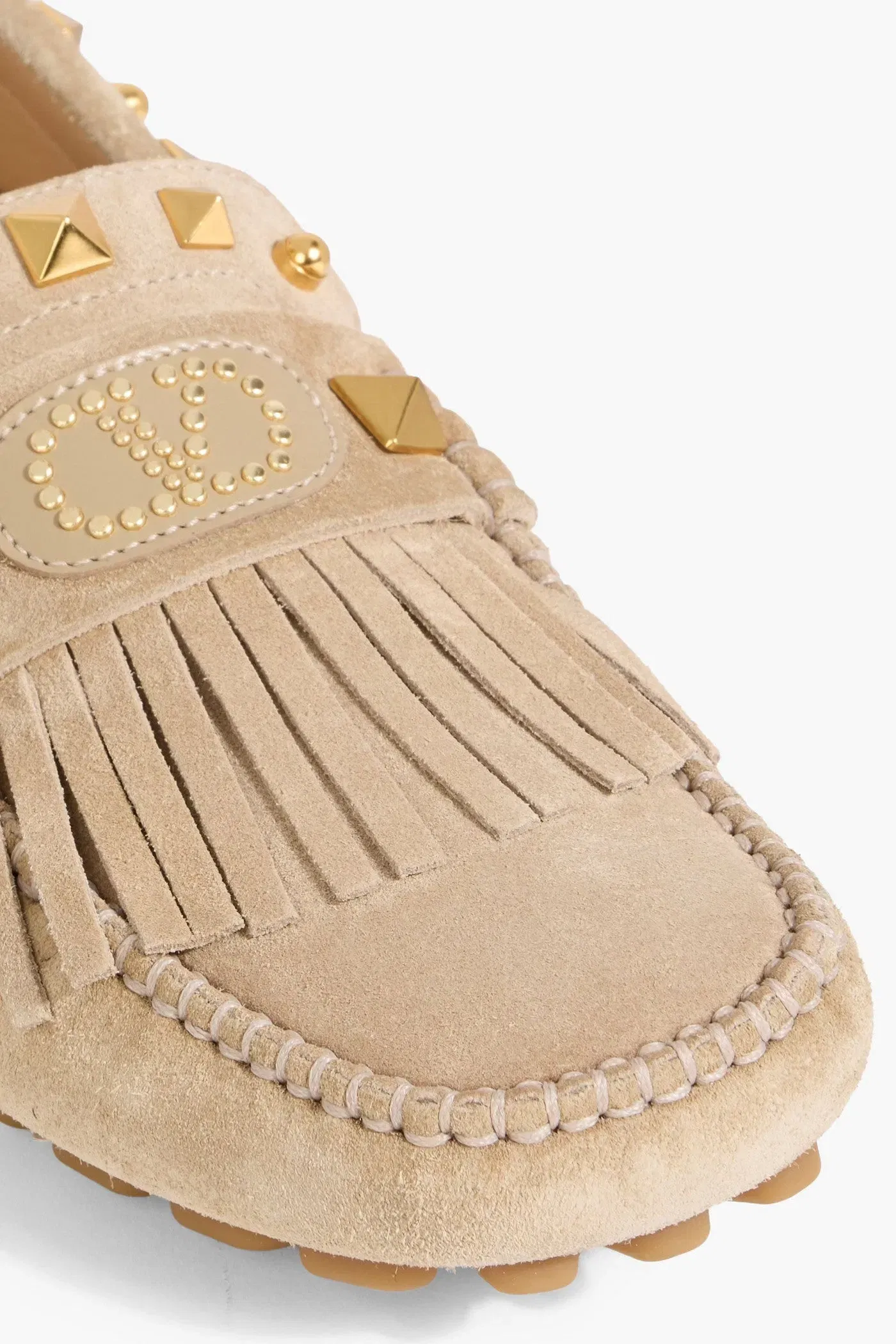 Valentino Garavani Plaster Caster Fringed Studded Suede Loafers Beige Women's