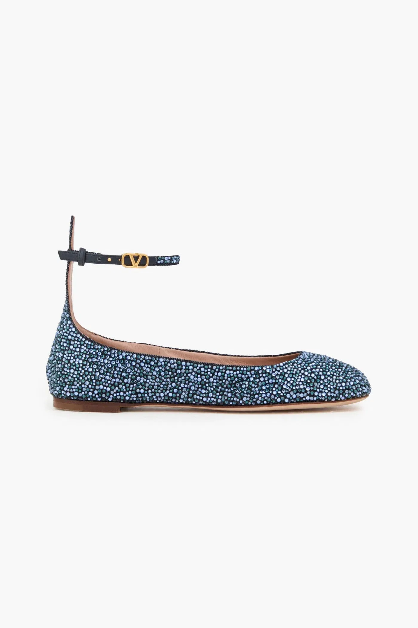 Valentino Garavani Tan-Go Crystal-Embellished Denim Ballet Flats Dark Denim Women's