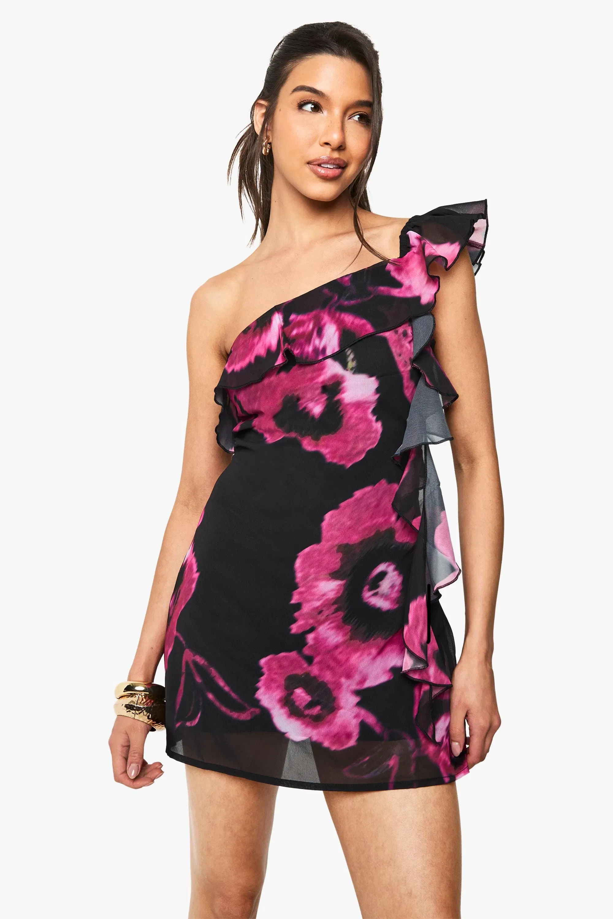 Floral Chiffon Ruffle One Shoulder Mini Dress