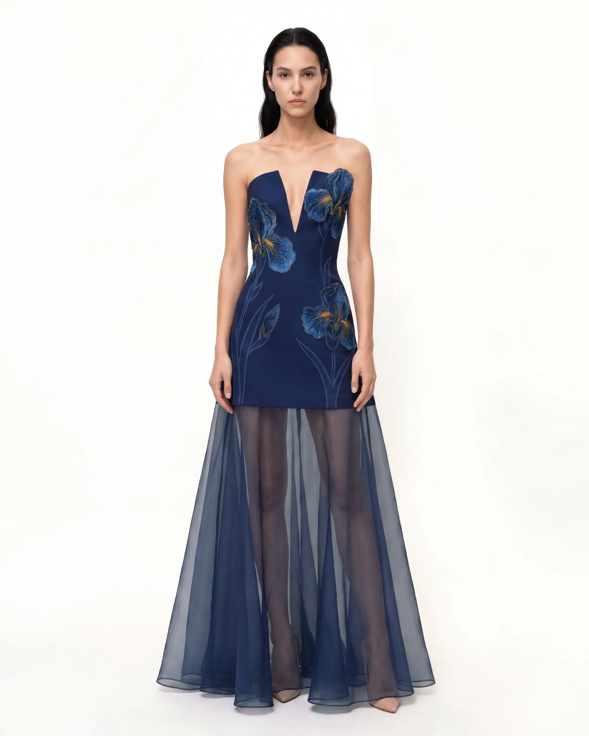 Iris Embroidered Plunge Sheer Overlay Maxi Dress - Navy Blue