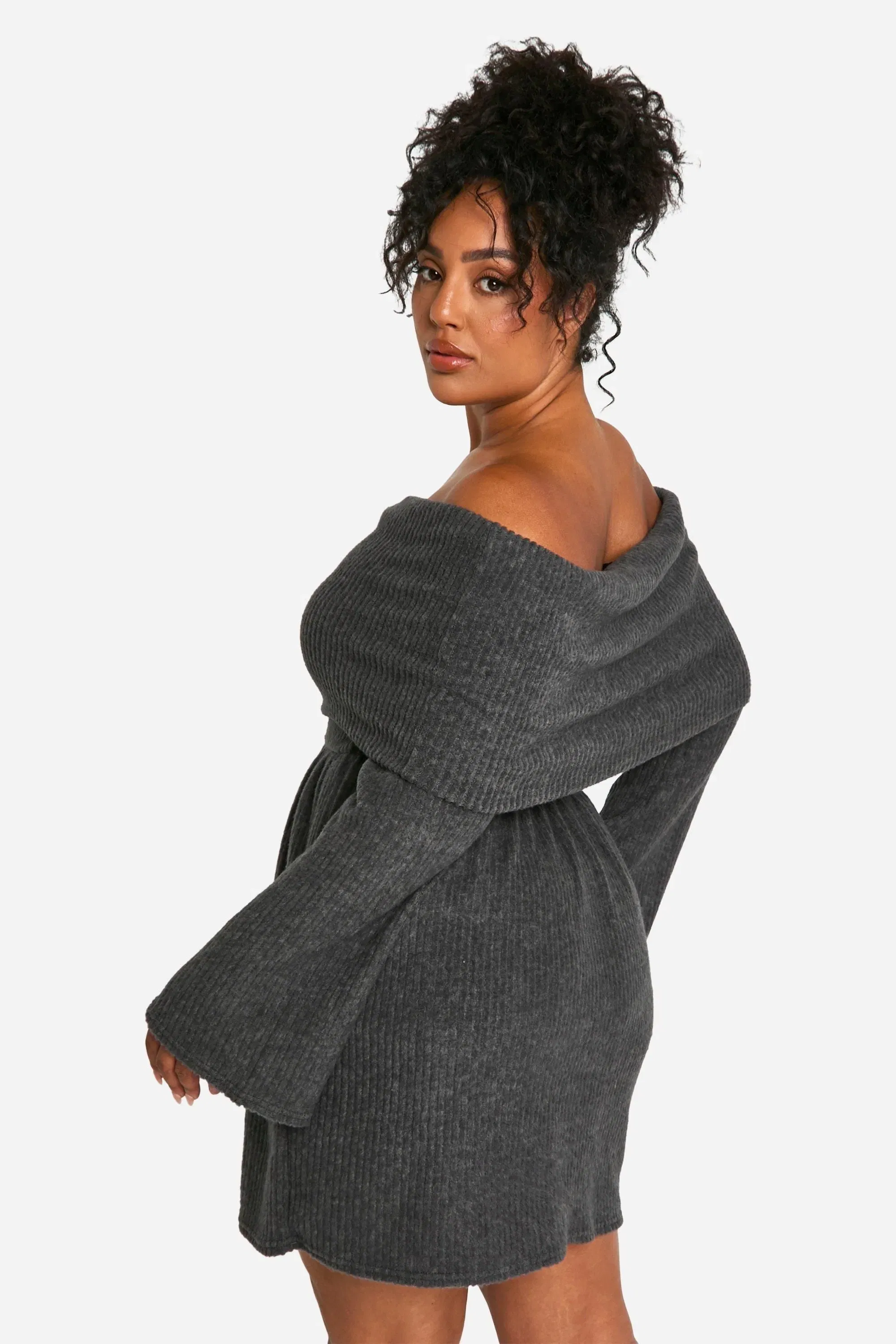 Plus Brushed Rib Off Shoulder Skater Dress
