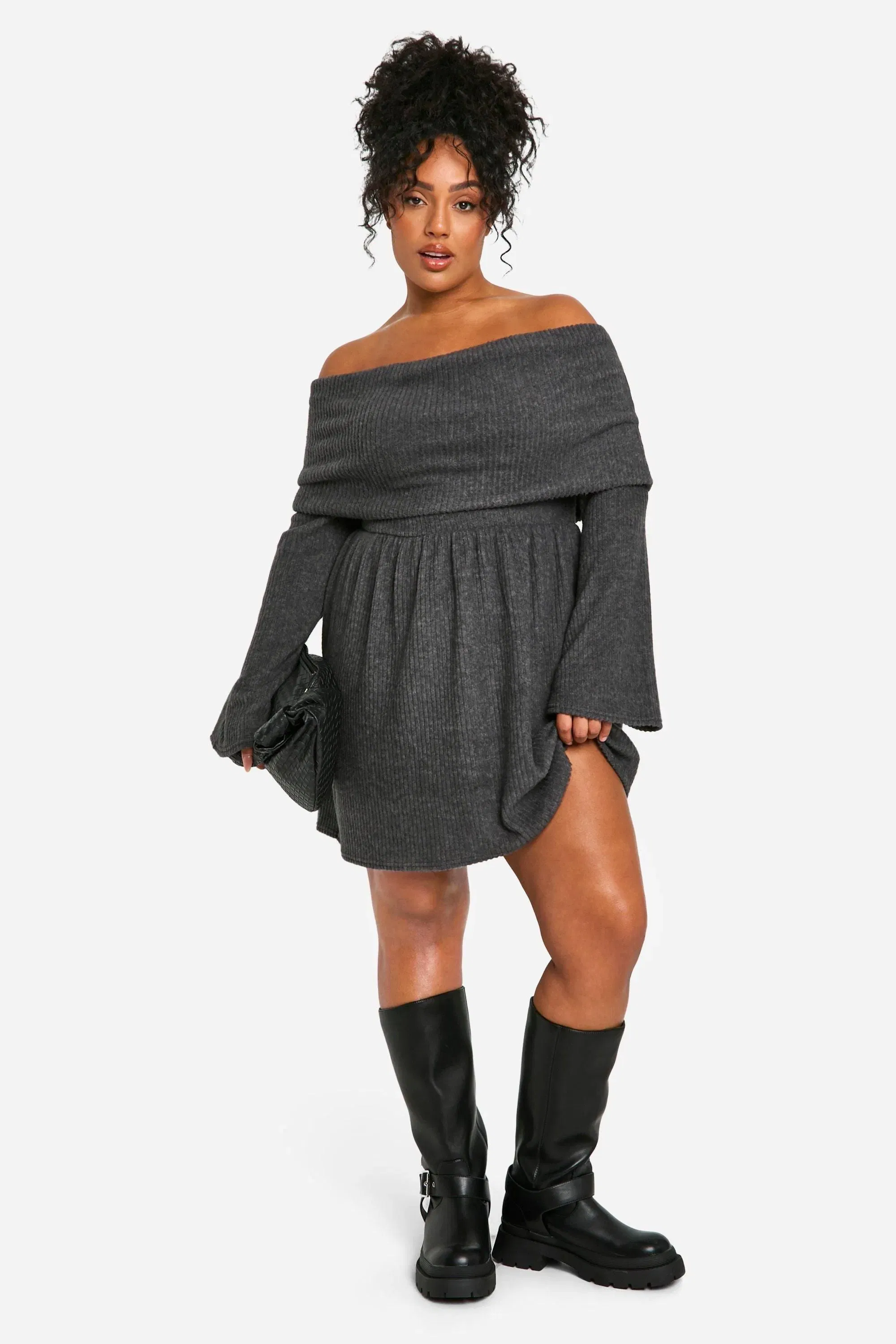 Plus Brushed Rib Off Shoulder Skater Dress