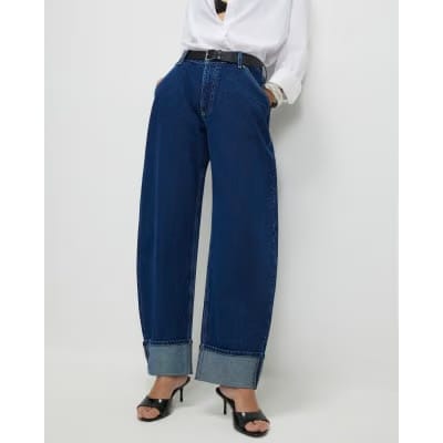 Blue Turn Up Cuff Barrel Leg Jeans