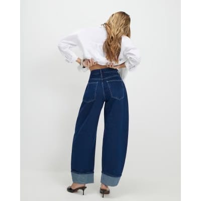 Blue Turn Up Cuff Barrel Leg Jeans