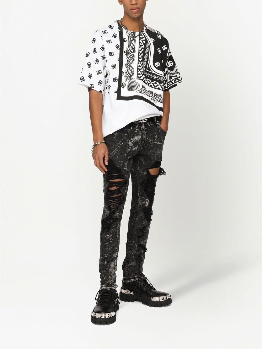 Dolce & Gabbana Black and White Printed Crew-Neck T-Shirt