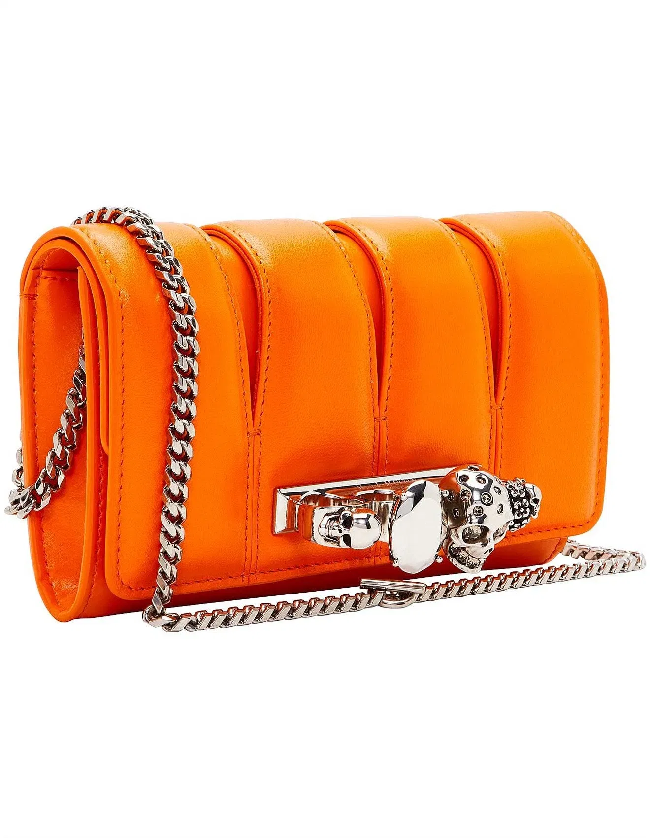 Luxe Orange Chain Shoulder Bag with Metal Skull Lock